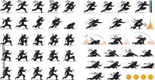 Bild auf Leinwand Ninja character sprite sheet vector set with running jumping sliding attacking a