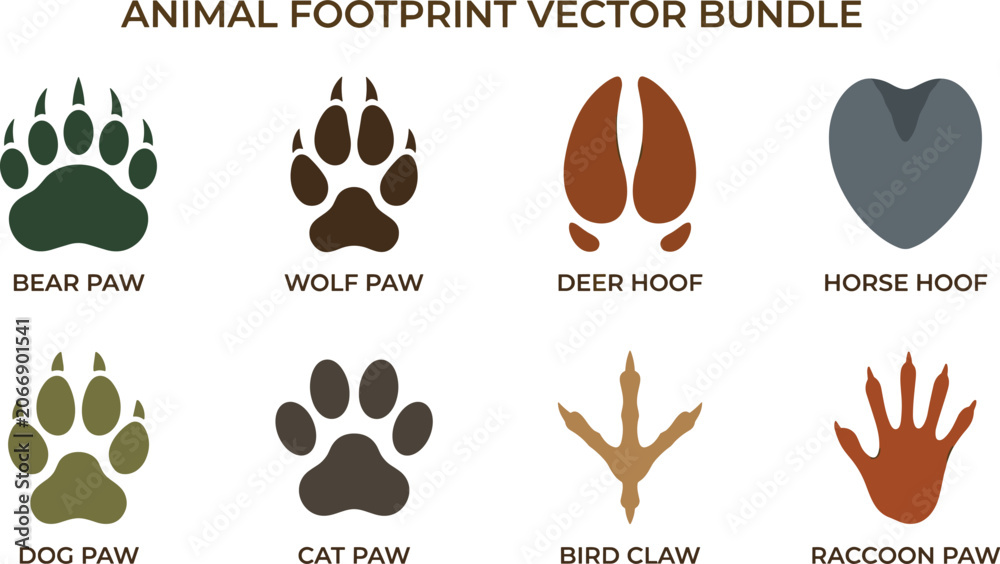 Fototapeta premium Animal footprint vector bundle featuring paw prints, hooves, and claws isolated on white background