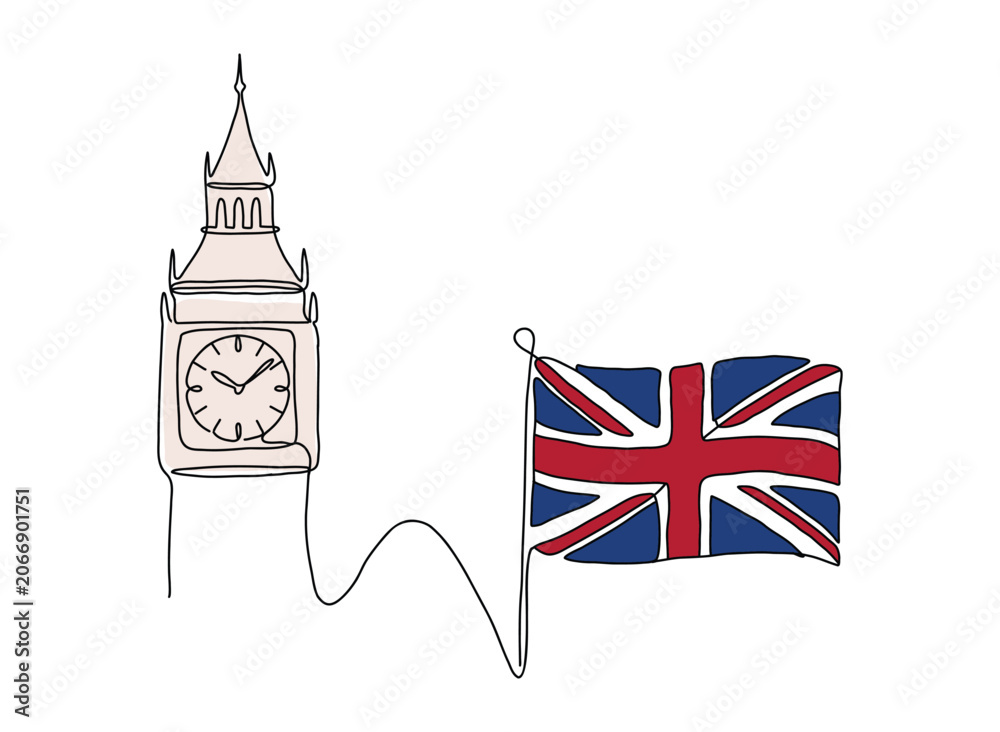 Fototapeta premium Continuous line united kingdom drawings. big ben clock tower, waving british national flag, union jack. for london tourism brochures, english travel posters. minimalist monoline vector art.