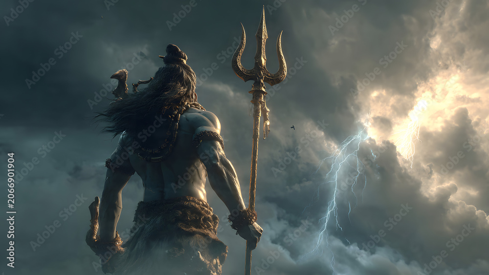 Naklejka premium Lord Shiva Statue Majestic Sculpture with Lightning Background A Symbol of Power and Destruction