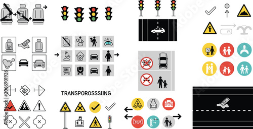 Fotografie Traffic road safety vector icons set with traffic lights seatbelt instructions p