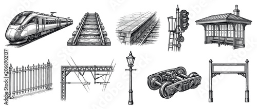 Railway transportation icons set. Train travel and station elements concept. Includes modern train, railroad tracks, platform, signal, station shelter, fence, overhead lines, lamp post,