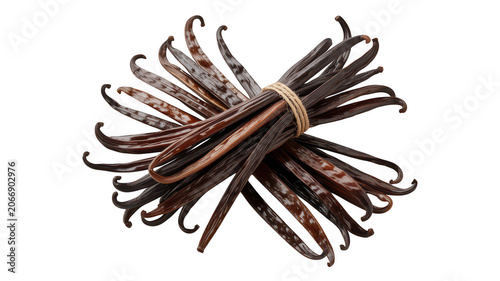 A bundle of dried vanilla bean pods tied together with a string, isolated on a solid black background, for culinary and, baking ingredients