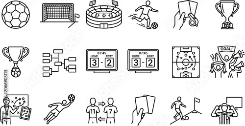 Soccer football line icon set with tournament brackets match scoreboard player substitution and team coaching tactics
