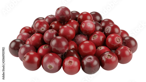 A cluster of fresh, ripe, red cranberries with a glossy surface, isolated on a white background, showcasing their round shape and natural red color