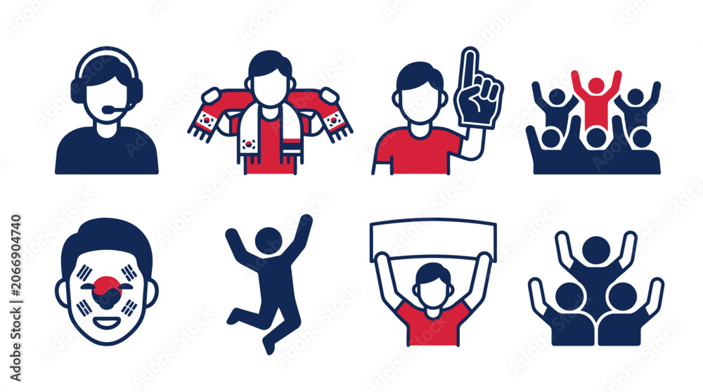 Fototapeta premium South Korea soccer fans and supporters icons set. EPS Editable