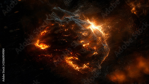 Dynamic abstract representation of a molten planet or asteroid shattering with fiery glow and glowing particles in deep space