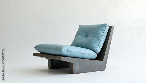   Lounge Chair with Pale Blue Cushions and Raw Metal Frame