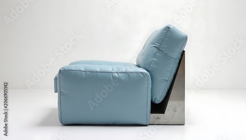   Lounge Chair with Pale Blue Cushions and Raw Metal Frame