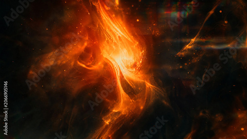 Dynamic vibrant bright orange and red glowing nebulalike swirling pattern in dark space showcasing cosmic energy and light