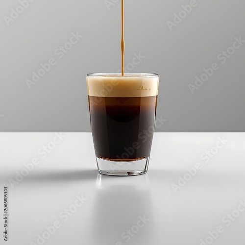 cup of coffee with milk, A closeup of a glass of coffee centered sitting on a white