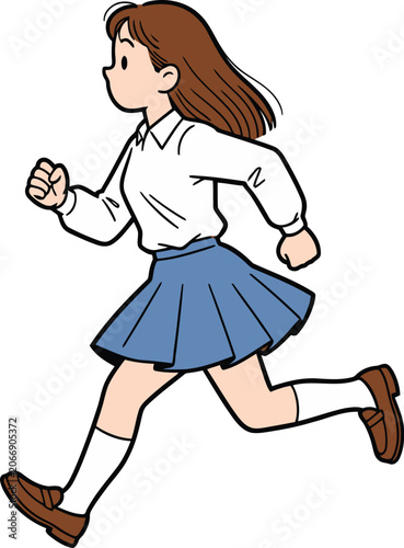 Side view illustration of school girl running for school and education concept