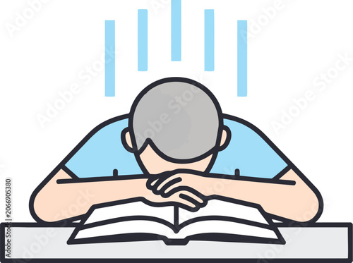 Student tired and sleeping on open book for education and study burnout concept