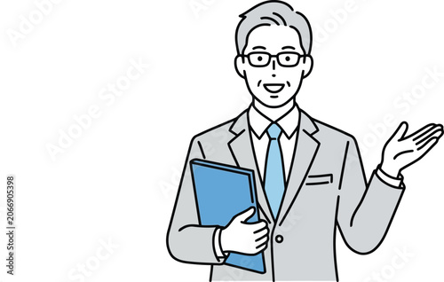 Professional businessman in suit holding folder presenting information with hand