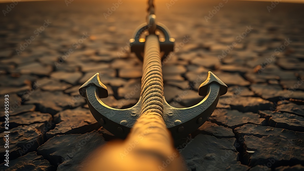 Fototapeta premium taut. A massive iron ship anchor embedded in cracked earth, rope taut in golden light. safety posters, maintenance manuals, designed for industrial assembly lines and welding operations.