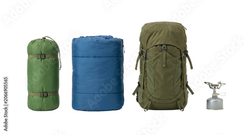 Outdoor camping gear including sleeping bag and backpack isolated on transparent background.