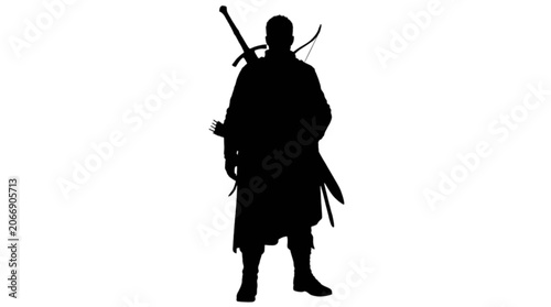 Obraz na płótnie Silhouette of samurai warrior holding sword and spear isolated on transparent ba
