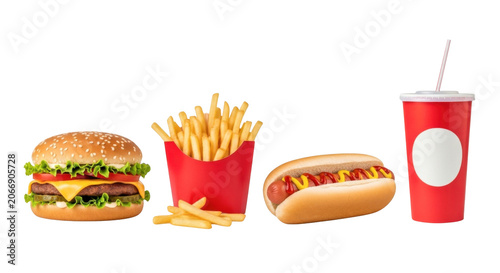Classic fast food meal combination with a cheeseburger french fries hot dog and red soda paper cup isolated on transparent background.
