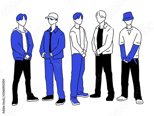 男性アイドル風5人セットの全身ポーズイラスト