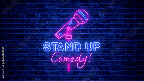 stand up comedy show sign neon lights on brick wall background , bar and club comedy and humor show party stream social media background