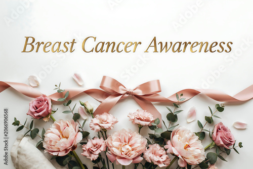 Golden text 'Breast Cancer Awareness' placed above a pink satin ribbon bow surrounded by a delicate assortment of pastel pink roses peonies carnations and fresh green eucalyptus leaves