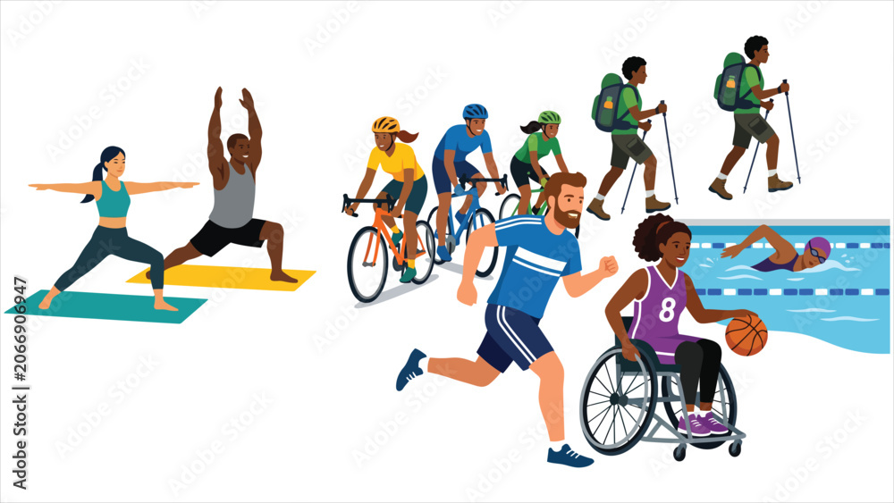 Naklejka premium Diverse Multiethnic Group of Inclusive Athletes Practicing Running Yoga Cycling Swimming Hiking and Wheelchair Basketball Flat Vector Illustration