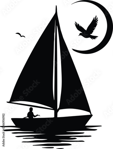Black silhouette of a person sailing on a boat with a bird flying near the crescent moon isolated on white background
