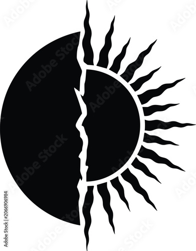 Black and white illustration of a sun and moon split in half on a white background