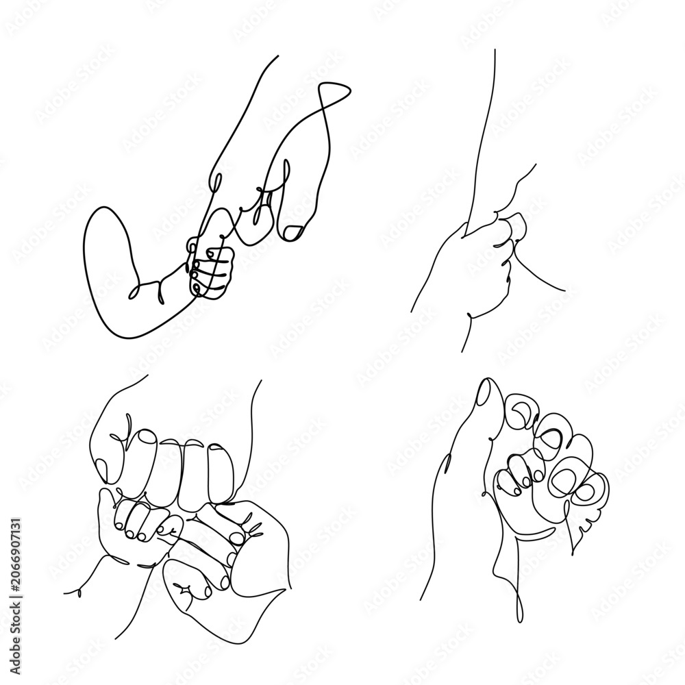 Obraz premium Baby Hand Holding Mother Finger One Line Art Vector Illustration, Continuous Line Drawing of Parent and Newborn Bond