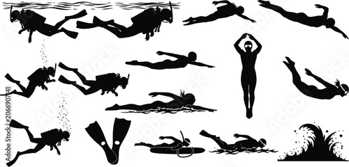Foto Scuba Diving and Underwater Swimming Silhouette Collection Featuring Divers, Sno