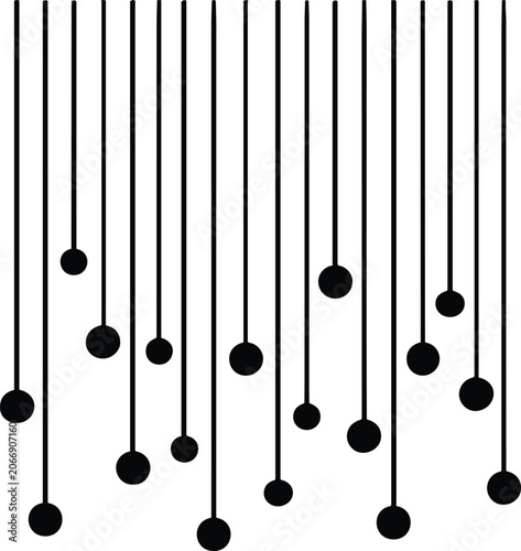 Black pendulum balls hanging from lines on isolated white background in a rhythmic pattern
