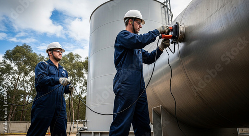 Industrial Technicians Performing Non-Destructive Testing on Large Metal Storage Tank at Outdoor Facility