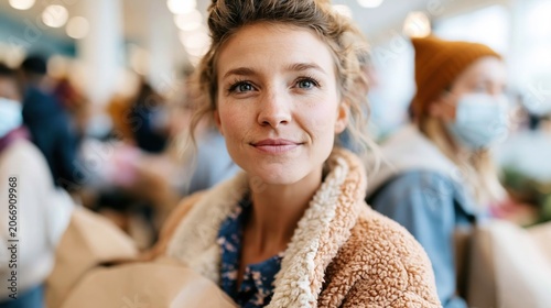A confident woman carries paper bags in a bustling environment, showcasing her vibrant spirit amidst the crowd, perfectly capturing the essence of urban life and modern shopping.