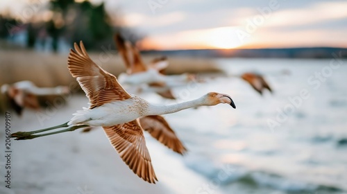A breathtaking capture of flamingos in flight above tranquil waters, showcasing the beauty of nature and the gracefulness of these birds against a stunning sunset backdrop.