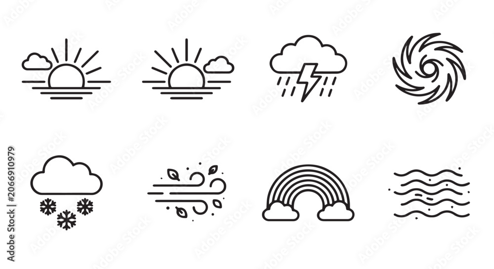 Obraz premium Weather conditions vector icon set with sun, clouds, rain, snow, wind, rainbow, and storm symbols, perfect for digital design and forecast applications