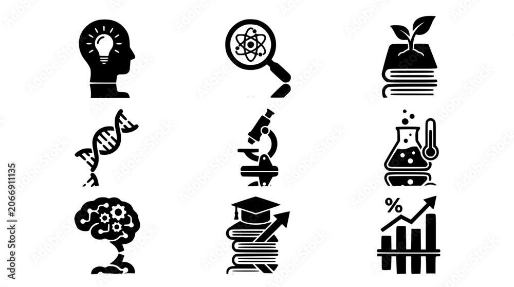 Obraz premium Abstract knowledge growth and science research icon vector set with creative brain power symbols and linear gradient reflections isolated on white background