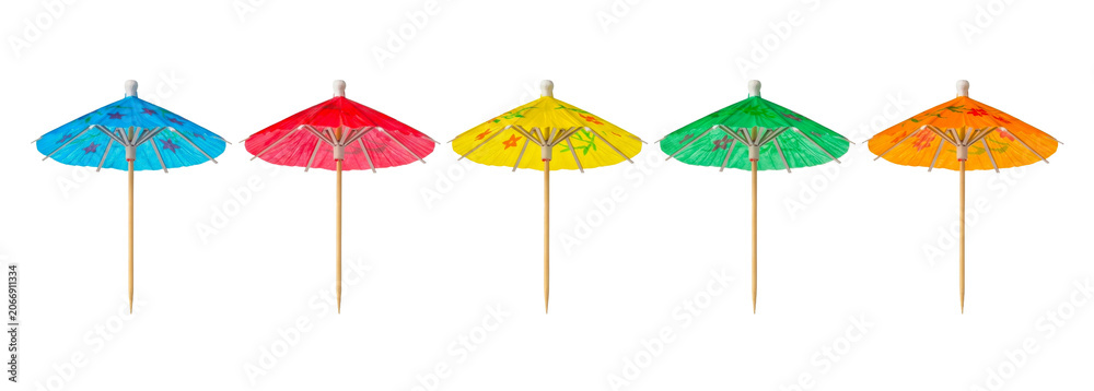 Obraz premium Five patterned colorful cocktail umbrellas isolated on transparent background.