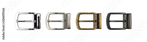 Row of four classic metal belt buckles isolated on transparent background.