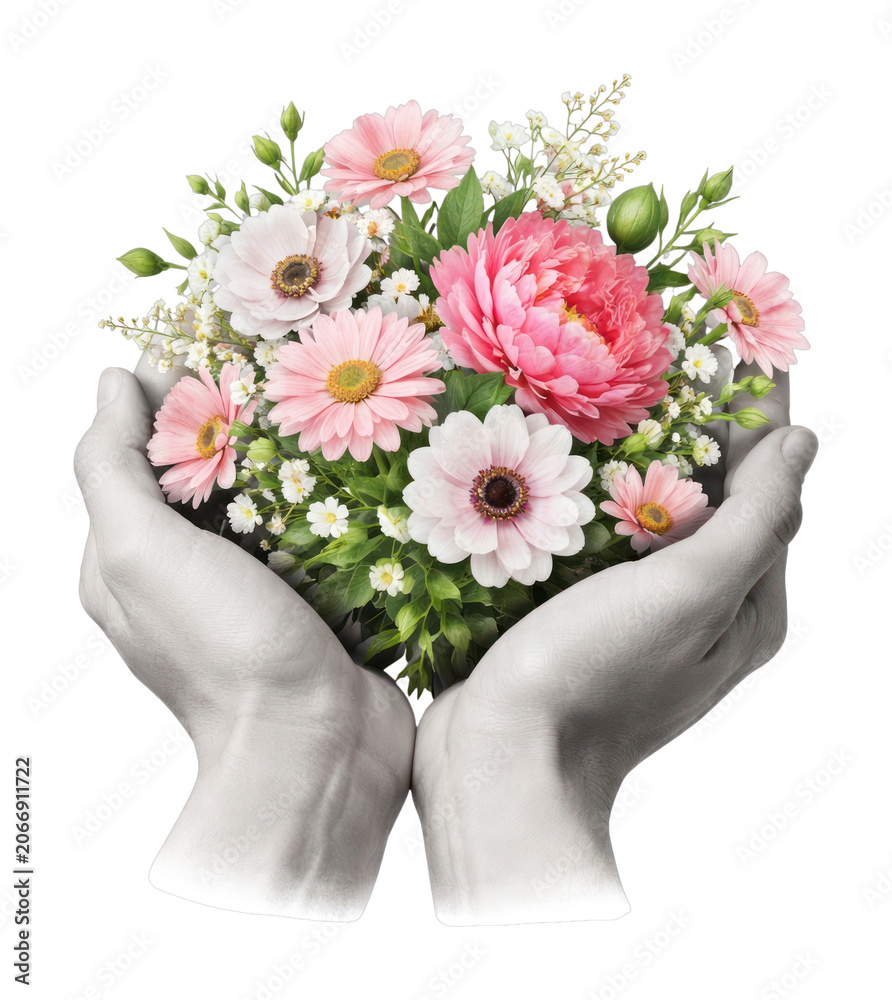 Naklejka premium PNG Hands cradle vibrant floral bouquet.