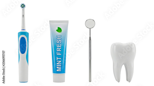 Electric toothbrush and dental care items isolated on transparent background.