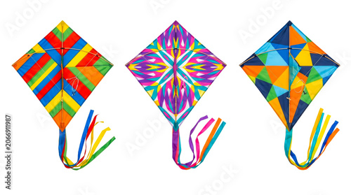 Three bright diamond flying kites isolated on transparent background.