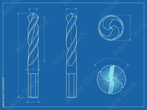 Technical blueprint drawing of a twist drill bit with dimensions. EPS Editable