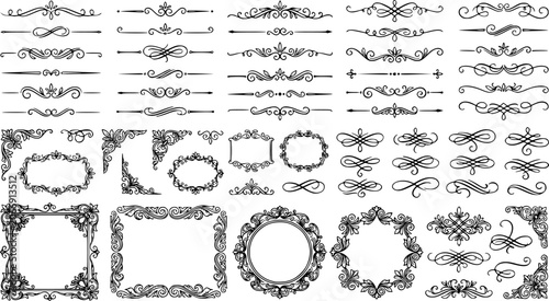 Calligraphic dividers. Decorative retro page divider borders, wedding calligraphic frame and ornamental swirls floral frames. Elegant royal ornamentation vintage vector isolated icons set