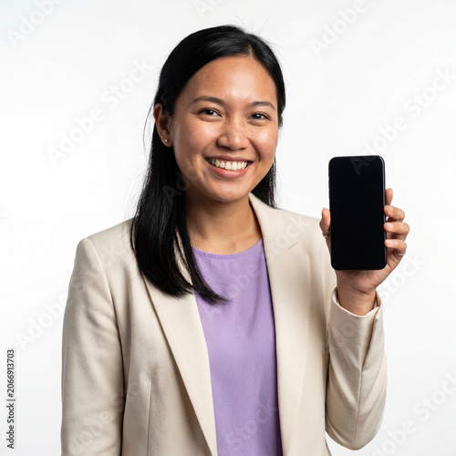 Smiling woman holding smartphone with blank screen for app or website mockup display
