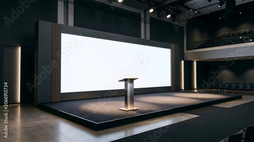 A conference stage with a podium and a large screen backdrop mockup for presentation