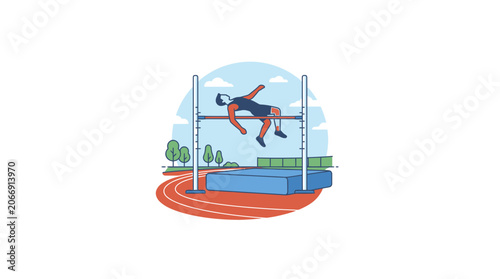 Billede på lærred Athlete High Jumping Over Bar on Track and Field Stadium