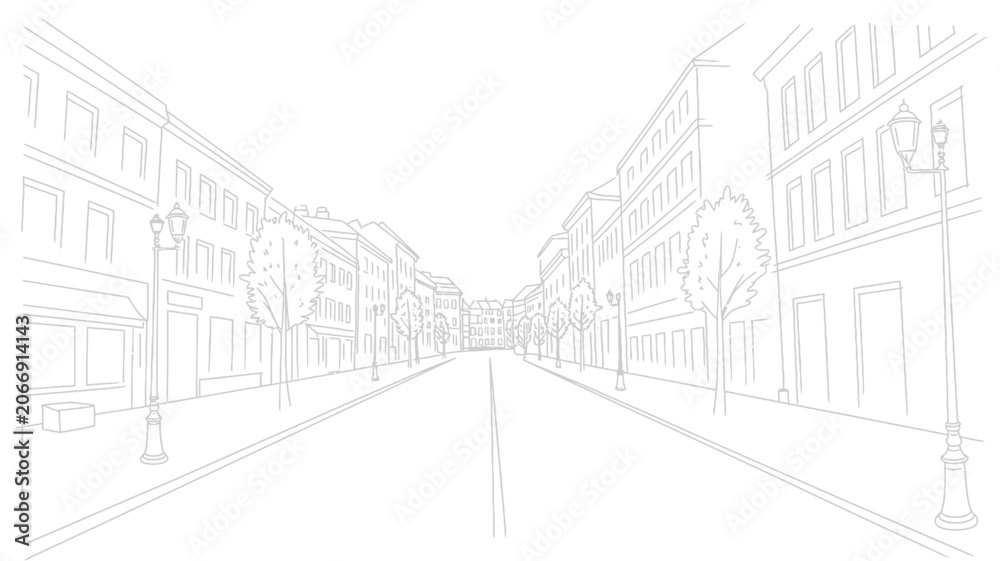 Fototapeta premium Empty city street perspective view sketch with historic buildings trees and street lamps linear contour vector illustration on background.