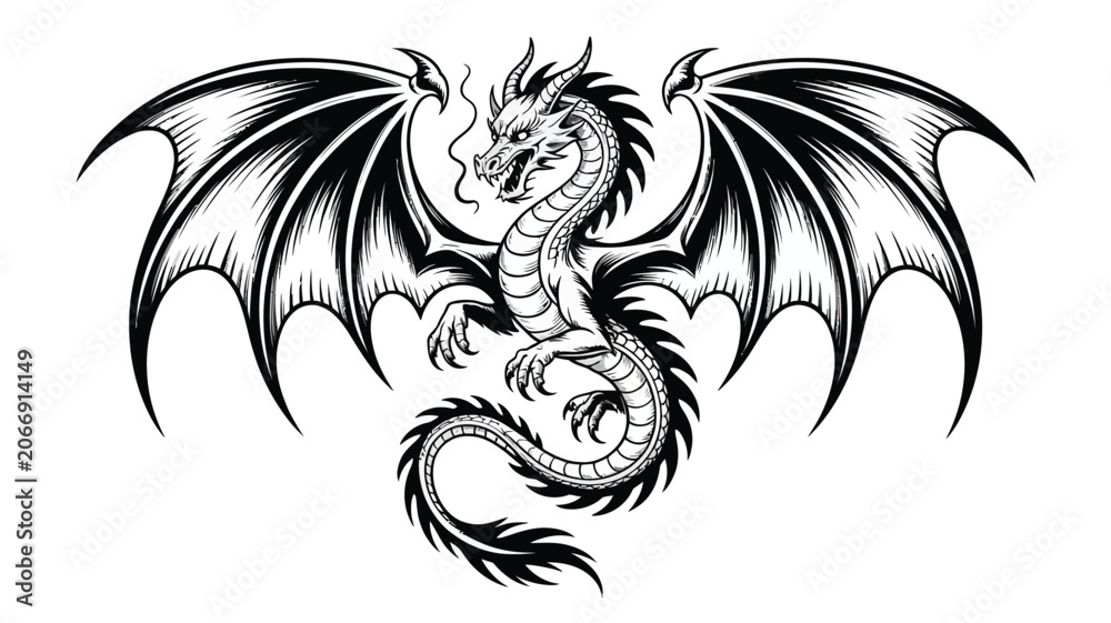 Fototapeta premium Winged dragon mythical creature black and white vector illustration in woodcut vintage engraved style isolated on a plain background.