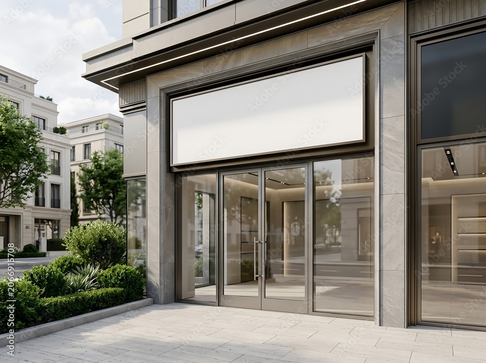 Fototapeta premium Luxury storefront with blank signage mockup on exterior wall near modern buildings and green bushes