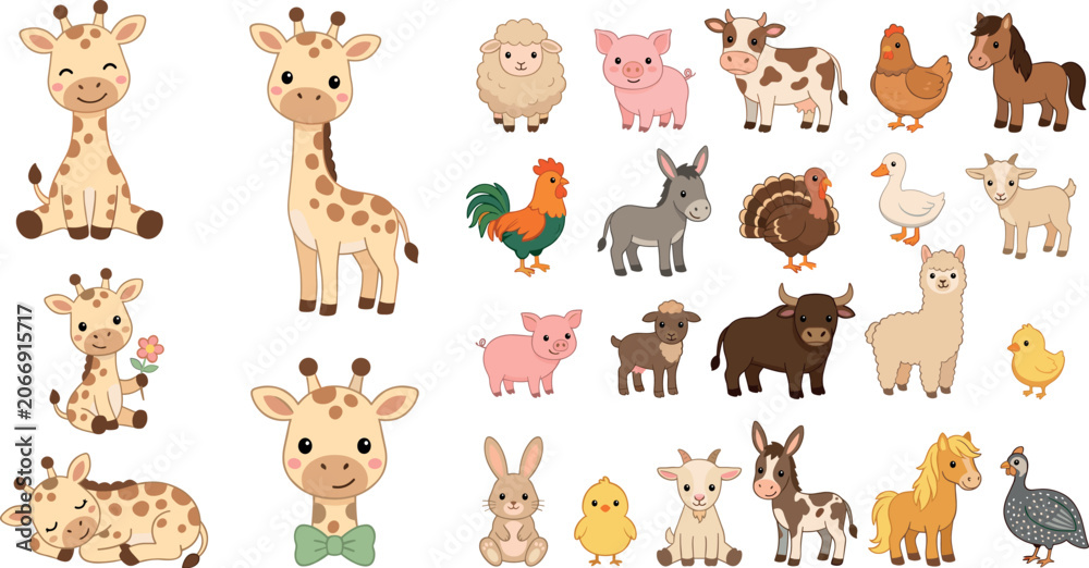 Fototapeta premium Cute cartoon farm animals vector collection set featuring baby giraffes pig cow horse sheep donkey chicken alpaca goat bull and rabbit on white background